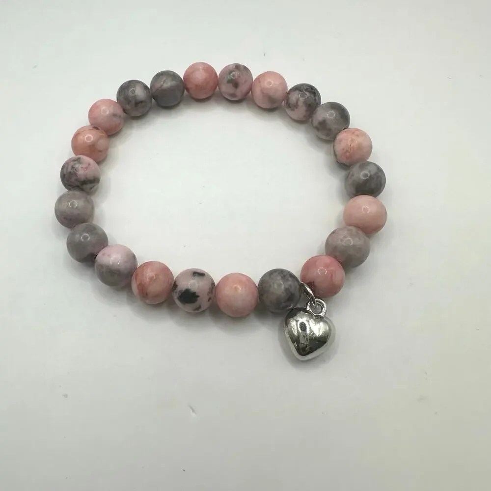 Unbranded Pink Gray Round Bead Ball Stretch Bracelet Silver tone Heart Charm